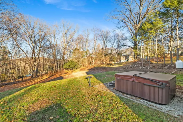 a yard with trees in the background