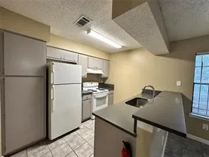 a kitchen with a refrigerator and a sink