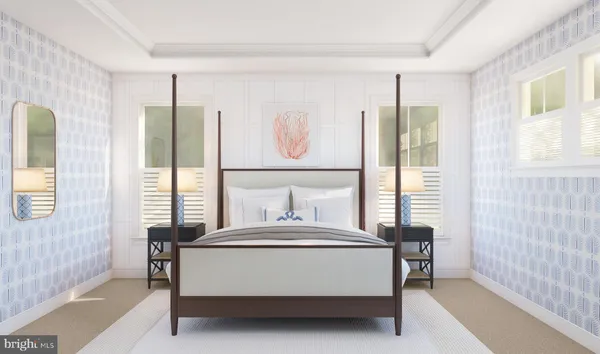 a bedroom with a bed and large window