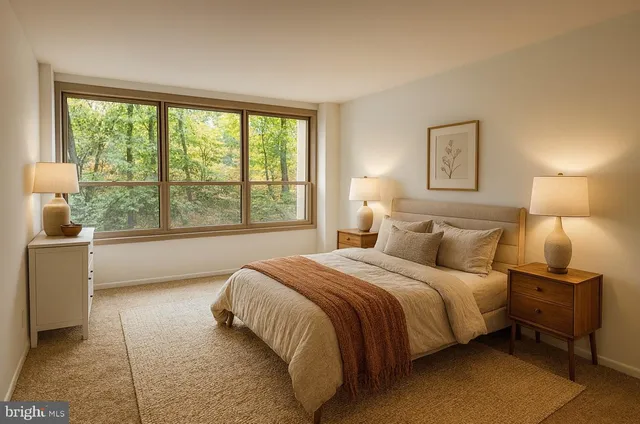 a bedroom with a bed and a large window