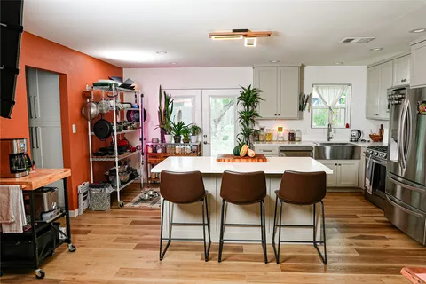 a view of a dining room with furniture