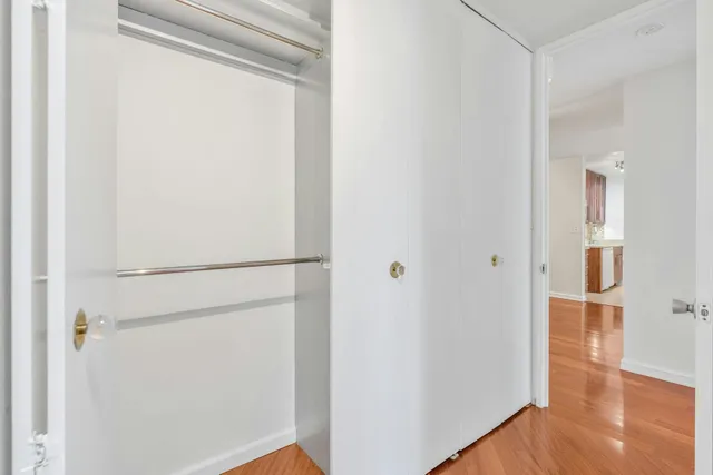 a view of closet with wooden floor