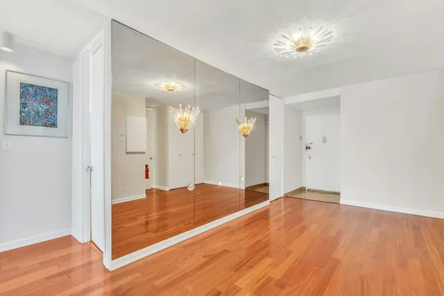 a view of empty room with wooden floor