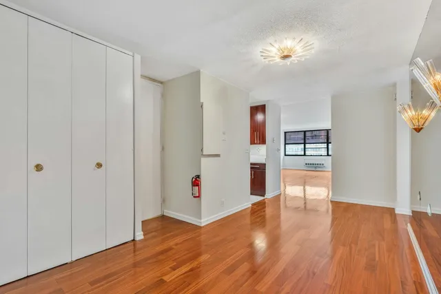 a view of empty room with wooden floor