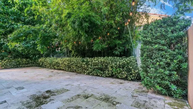 an aerial view of a house with a yard and plants