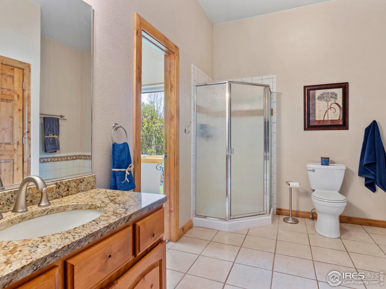 8193 Admiral Drive Windsor, CO 80528 - Photo 24 of 39 a bathroom with a granite countertop sink a toilet and a mirror