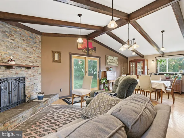 a living room with furniture a ceiling fan and a fireplace