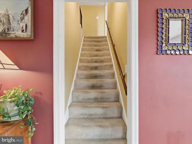 a view of staircase with white walls and a potted plant