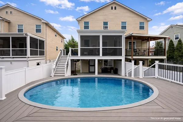 a view of a house with a swimming pool and sitting area