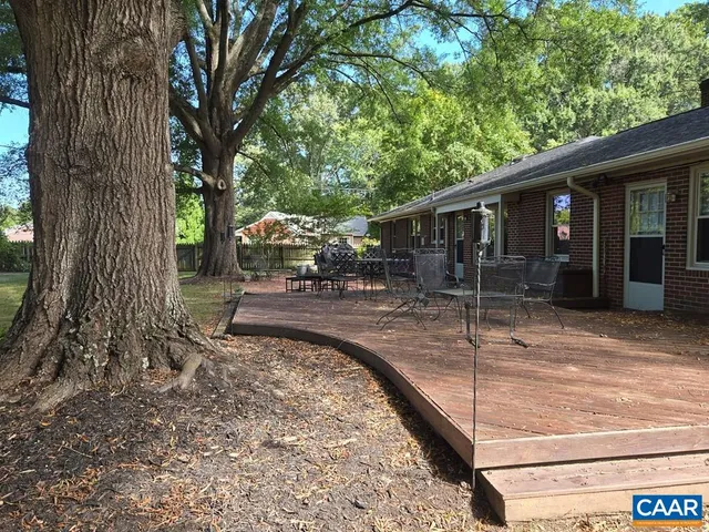 a view of a backyard with a large tree