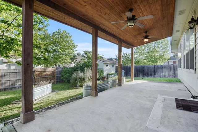 a view of a porch with garden