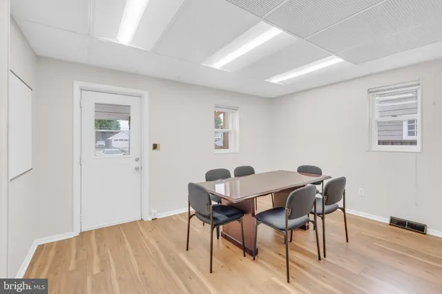 a view of a dining room with furniture