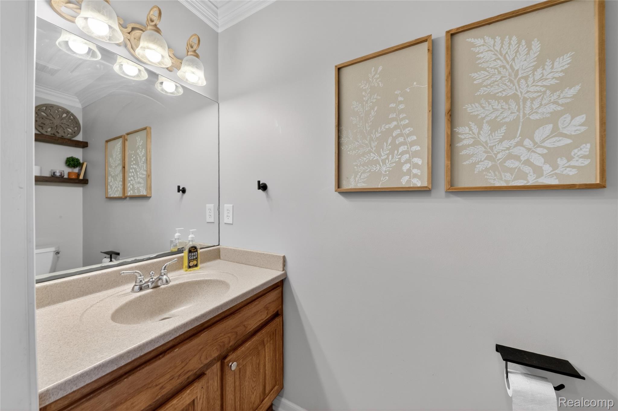 9191 Judd Road Fowlerville, MI 48836 - Photo 25 of 74 Vanity featuring a light-colored countertop with an integrated sink, polished chrome faucet, and wood-finish cabinetry