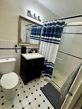 a bathroom with a sink a toilet and a mirror