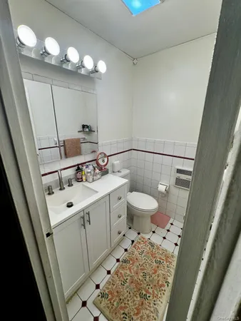 a bathroom with a sink a toilet a mirror and vanity