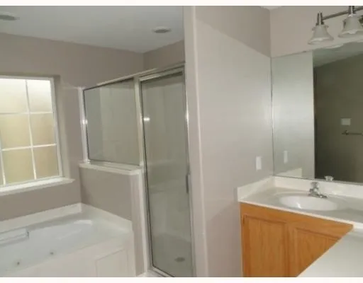 a bathroom with a tub sink and mirror