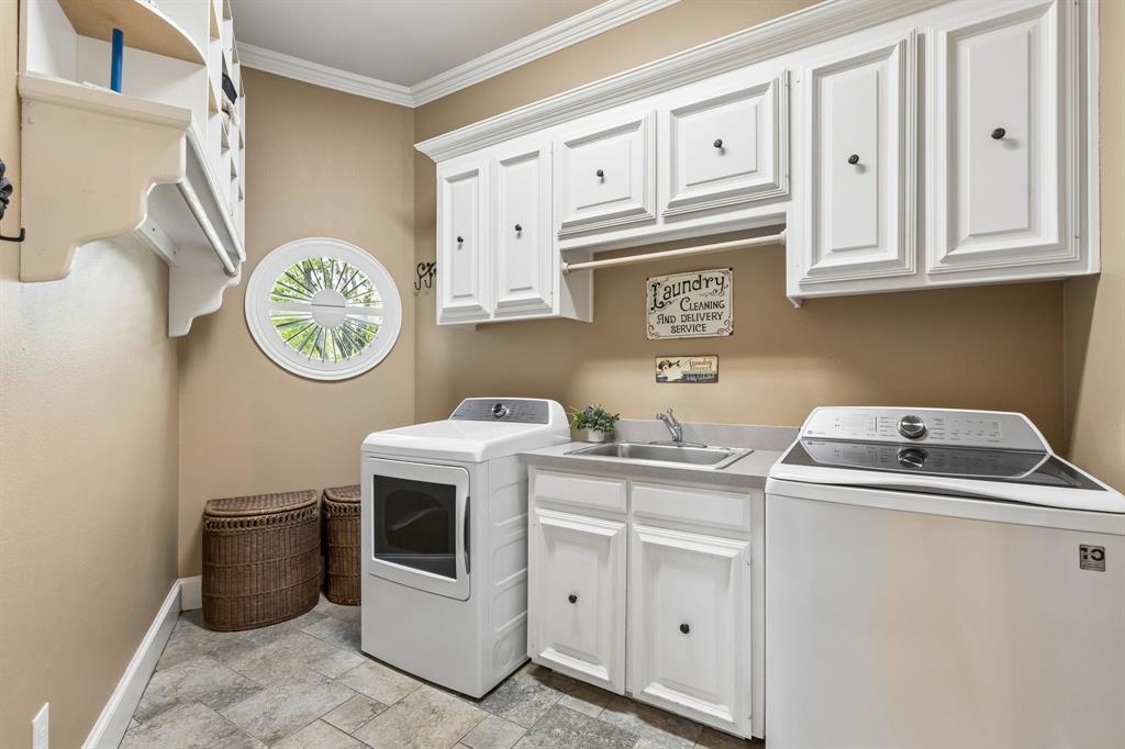310 Deer Path Fairview, TX 75069 - Photo 33 of 40 a kitchen with stainless steel appliances granite countertop white cabinets a stove top oven and a clock