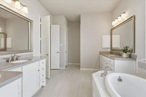 a bathroom with a bathtub sink and mirror