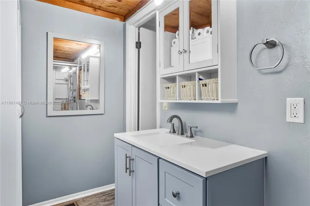 a bathroom with a sink and a mirror