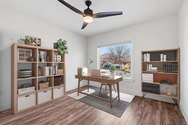 a workspace with wooden floor