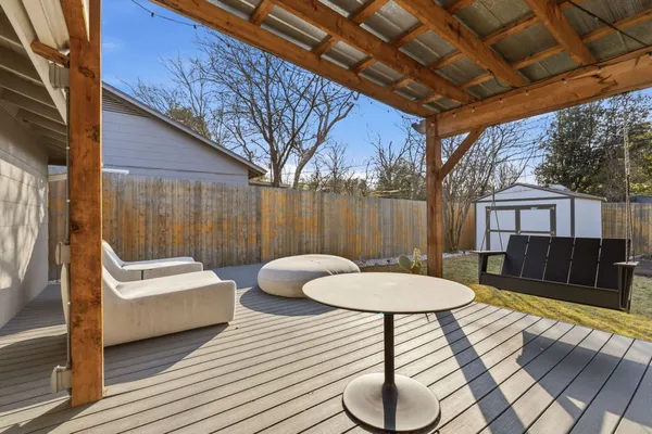 a building outdoor space with patio furniture