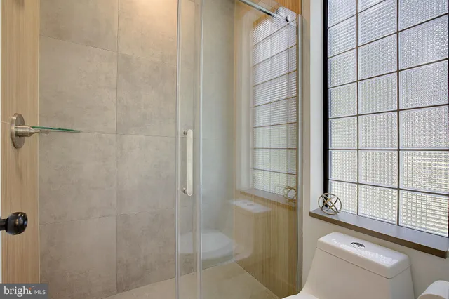 a bathroom with a shower and toilet