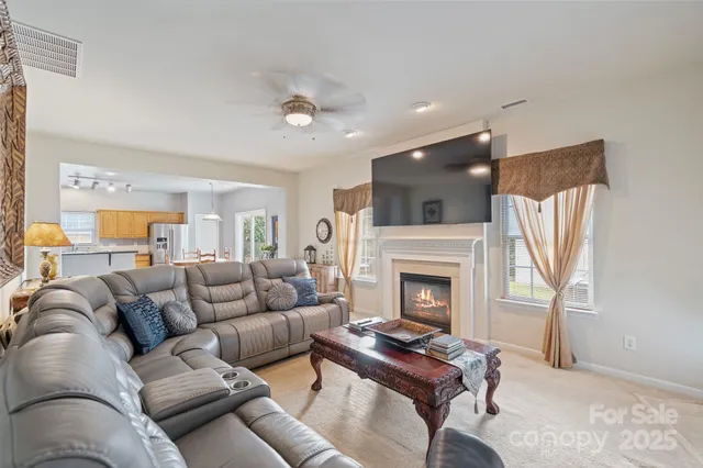 a living room with furniture a fireplace and a flat screen tv