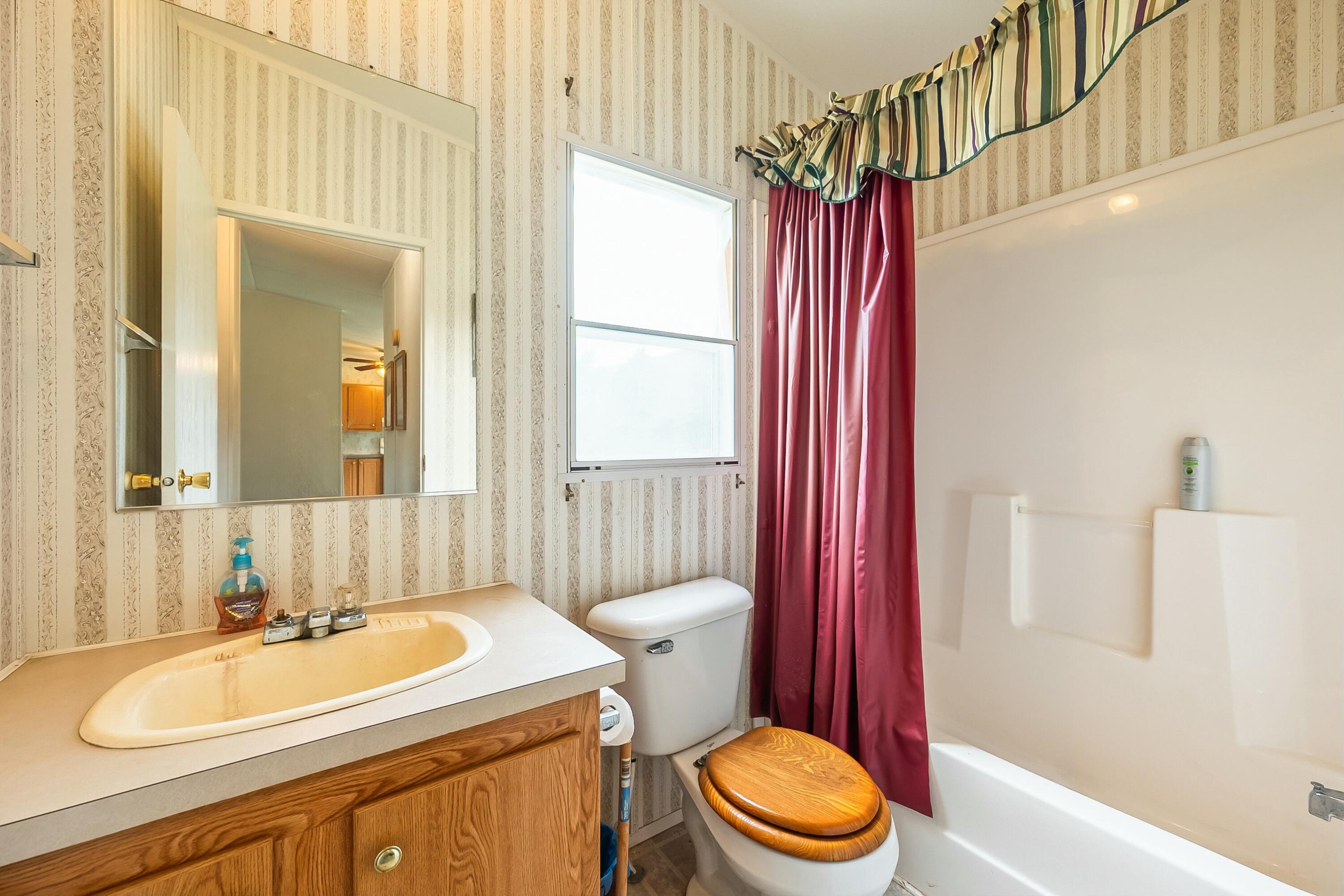 3588 Flatwoods Road Elliston, VA 24087 - Photo 32 of 119 a bathroom with a sink a toilet and shower curtain