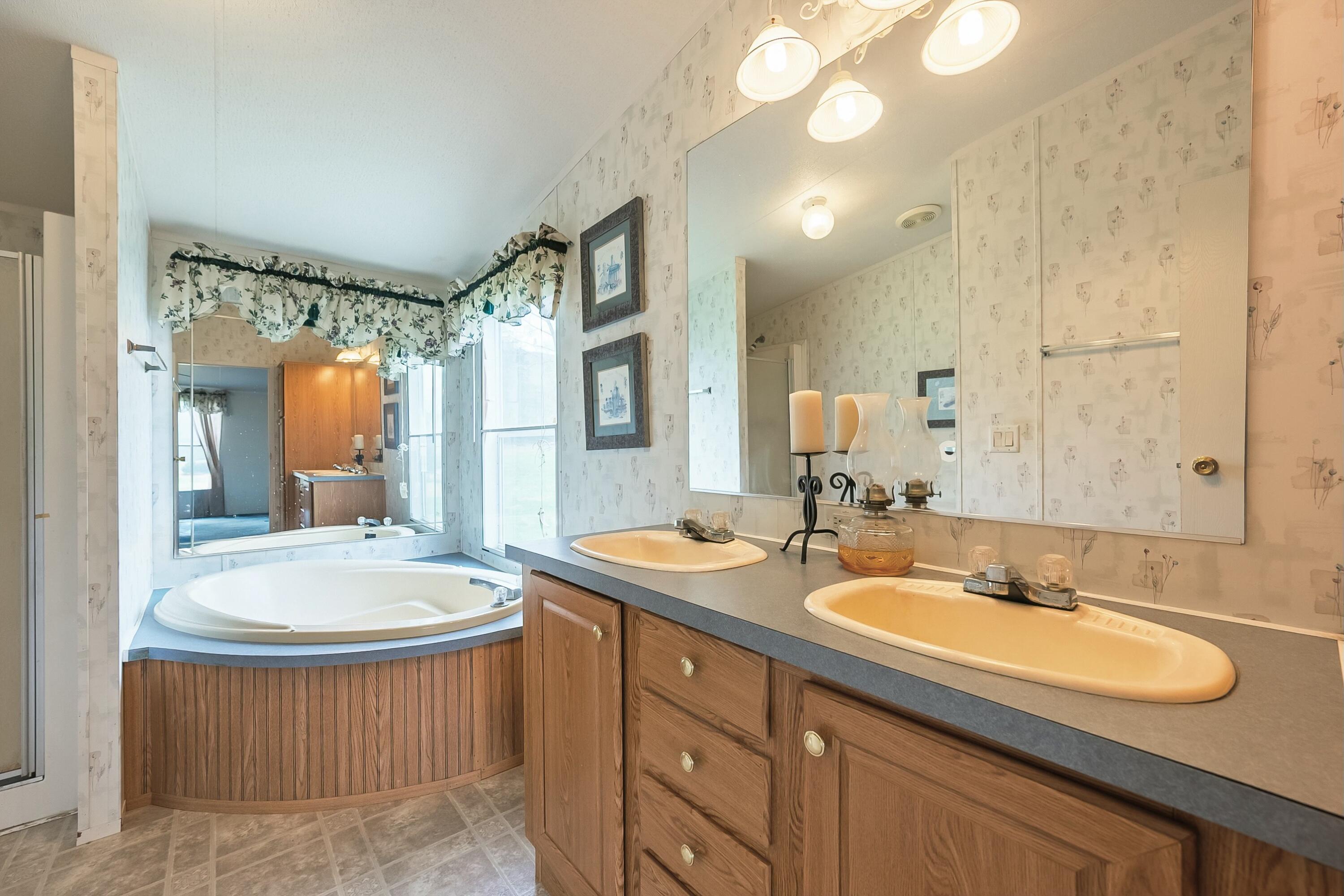 3588 Flatwoods Road Elliston, VA 24087 - Photo 38 of 119 a bathroom with a double vanity sink a mirror a bathtub and shower