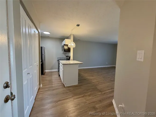 a view of a bathroom with a sink and wooden floor