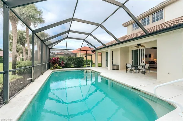 a swimming pool with a garden view