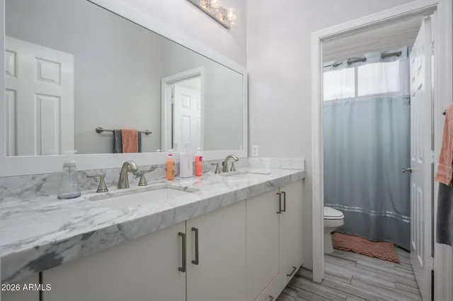 a bathroom with a granite countertop sink a toilet and shower