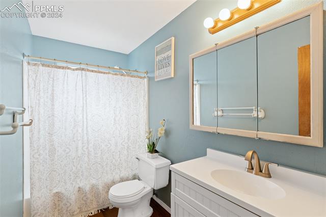 604 Wheat Field Road Fountain, CO 80817 - Photo 16 of 33 Bathroom featuring wood-type flooring, toilet, and vanity
