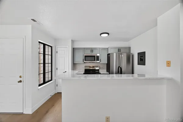 a view of a livingroom with kitchen and front door