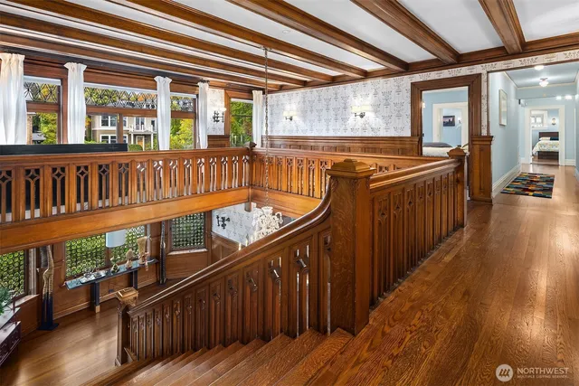 a view of a porch with wooden floor