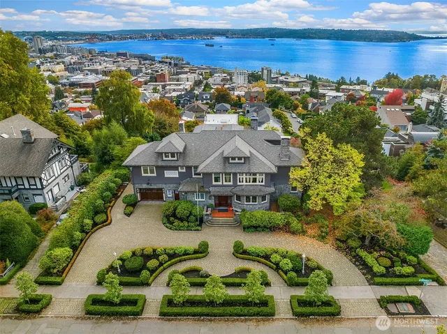 an aerial view of a house with a garden
