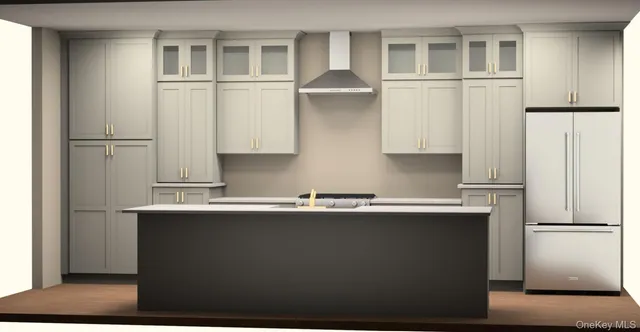 a kitchen with stainless steel appliances granite countertop a refrigerator a sink and white cabinets