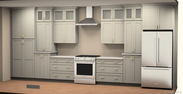 a kitchen with stainless steel appliances granite countertop a refrigerator a sink and white cabinets