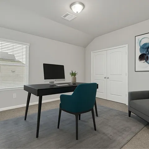 a living room with furniture a rug and a window