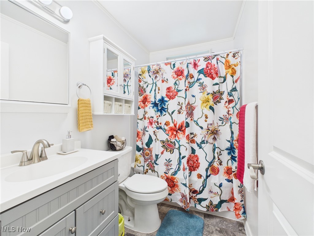 326 Highway 7 Powhatan Point, OH 43942 - Photo 10 of 32 Bathroom with vanity, crown molding, toilet, and a shower with shower curtain