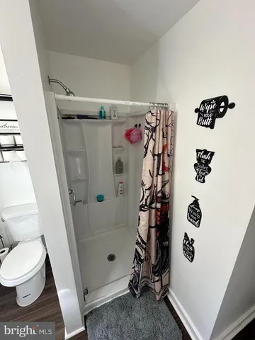 a bathroom with a shower and a toilet