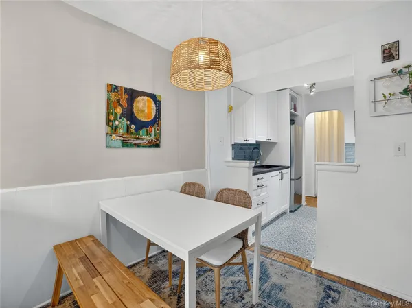 a view of a dining room with furniture