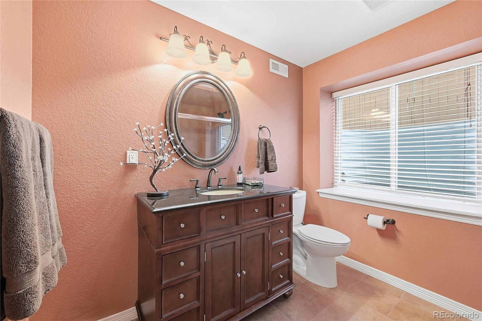 2626 Pemberly Avenue Highlands Ranch, CO 80126 - Photo 22 of 49 a bathroom with a granite countertop toilet a sink and a mirror