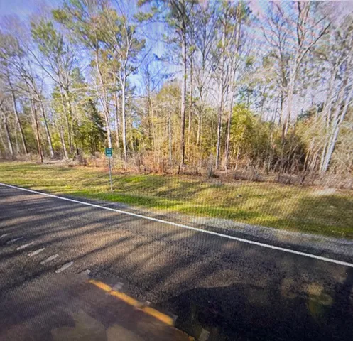 a view of a city street with a building and a big yard