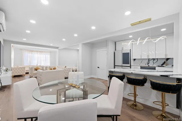 a view of a dining room with furniture