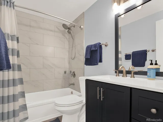 a bathroom with a sink a toilet a mirror a vanity and shower