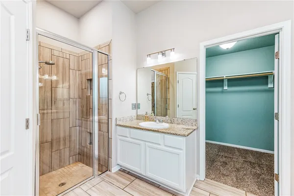 a bathroom with a granite countertop sink a mirror and a shower