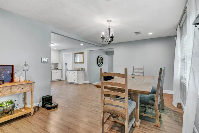 a view of a dining room with furniture wooden floor and chandelier