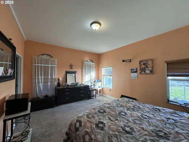 a bedroom with a bed and dresser with mirror