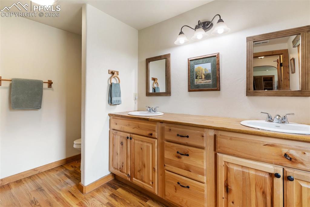 1100 Rampart Range Road Woodland Park, CO 80863 - Photo 26 of 50 Primary bath featuring double vanity and free-standing shower